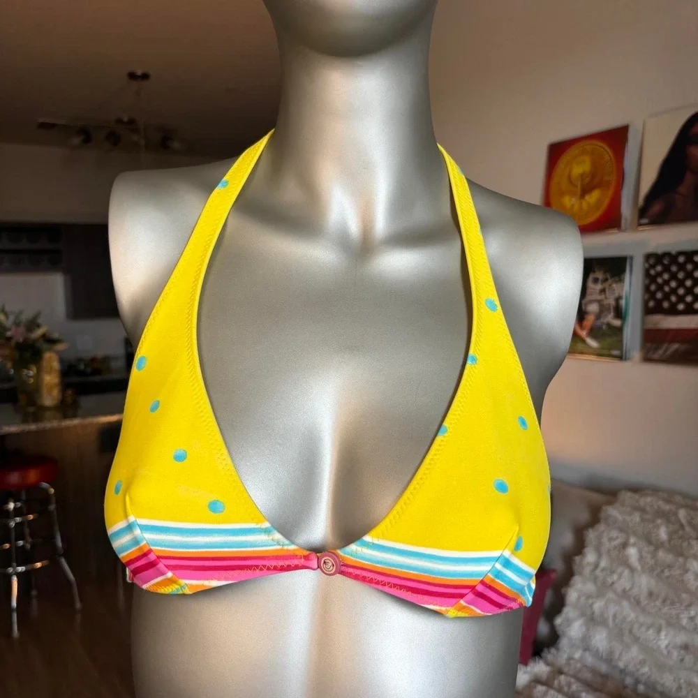 Y2K Vintage Yellow Polka Dot Halter Bikini Top